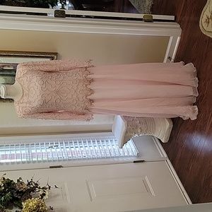 Riva Designs light pink beaded pearls long sleeve formal dress full skirt 12 …